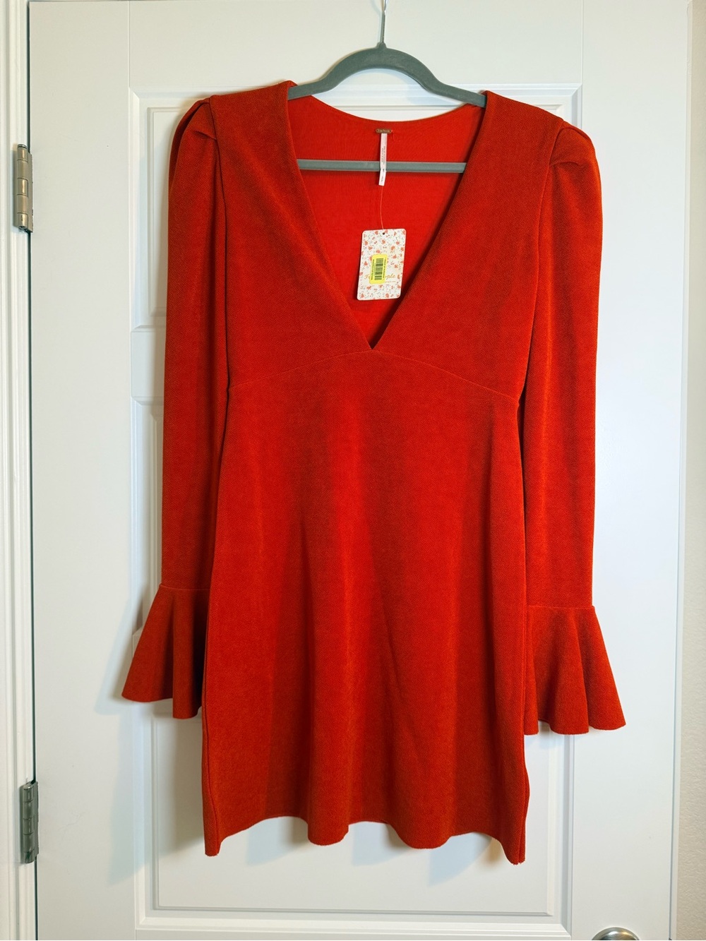 Free People Small Red V-Neck Long Sleeve Mini Dress with Fluted Cuffs